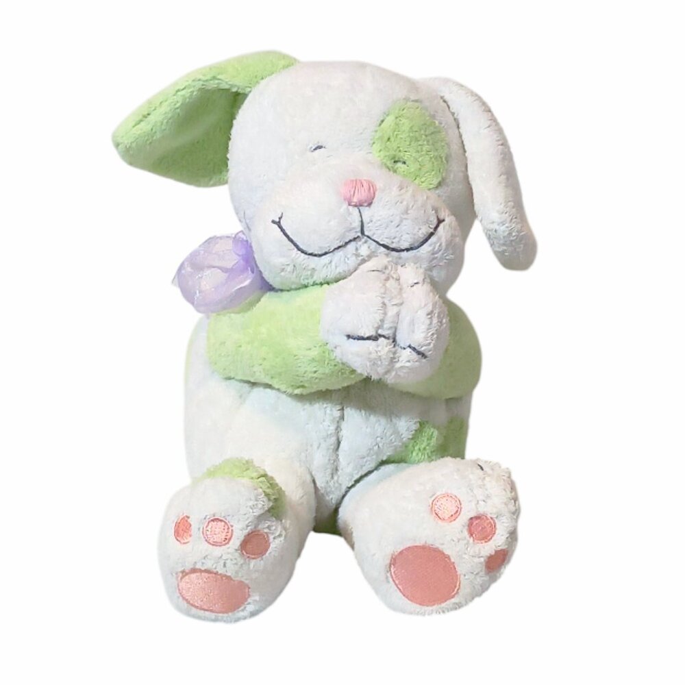 Vintage 2001 Kids II Praying Green & White Dog Plush Stuffed Beanbag Toy 7"